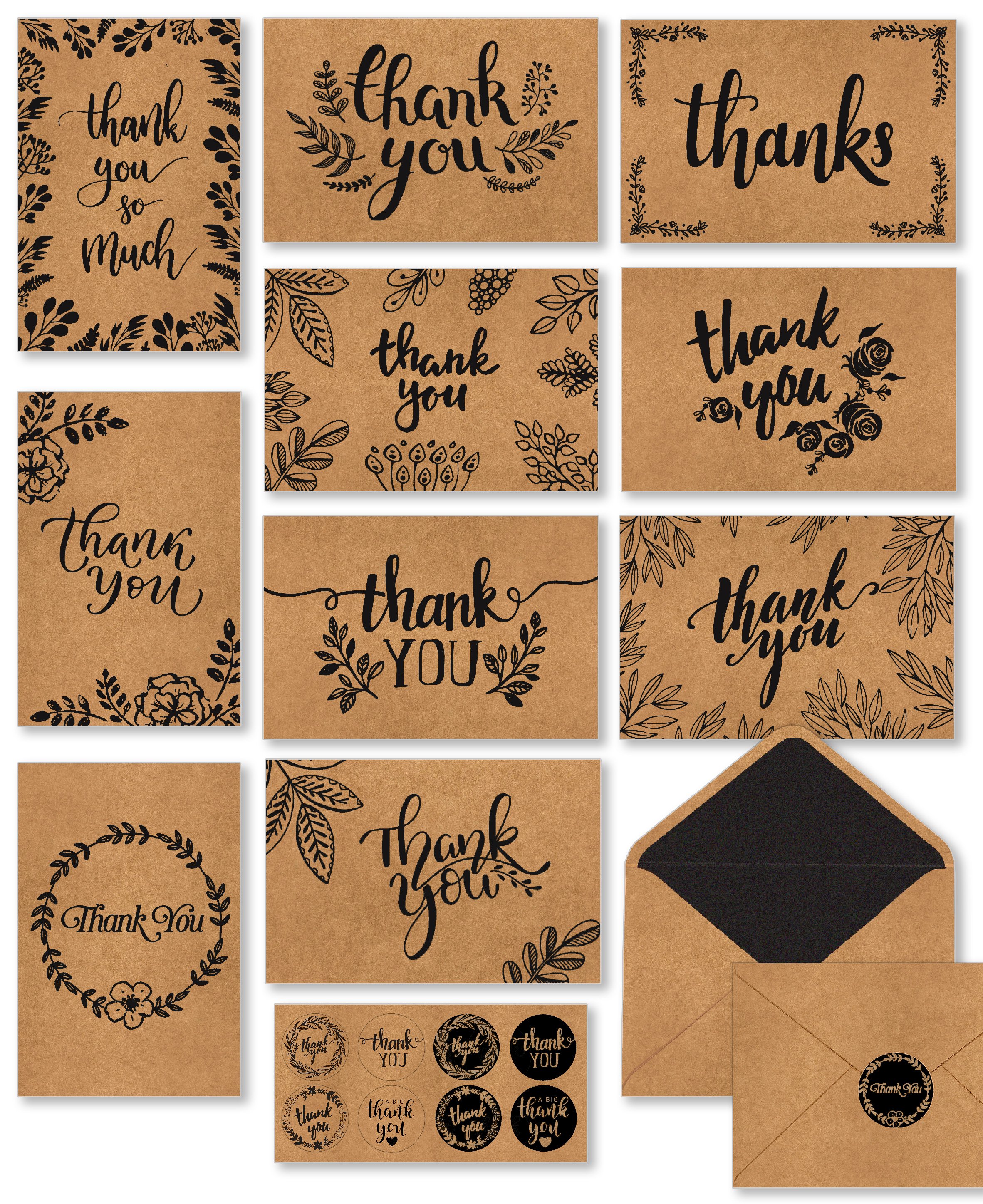 150 Thank You Cards with Brown Kraft Envelopes and Stickers